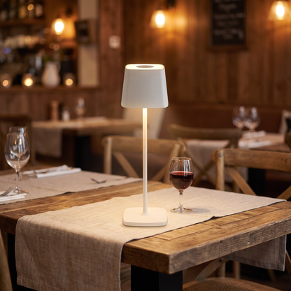 White cordless table lamp on a restaurant table