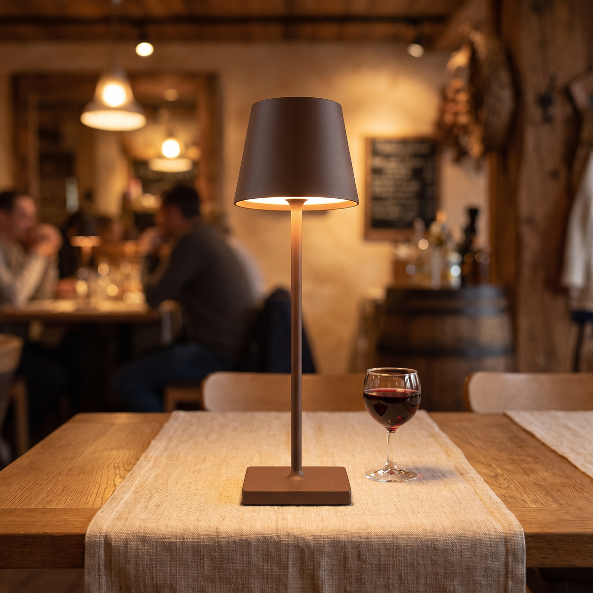 Brown cordless table lamp on a restaurant table