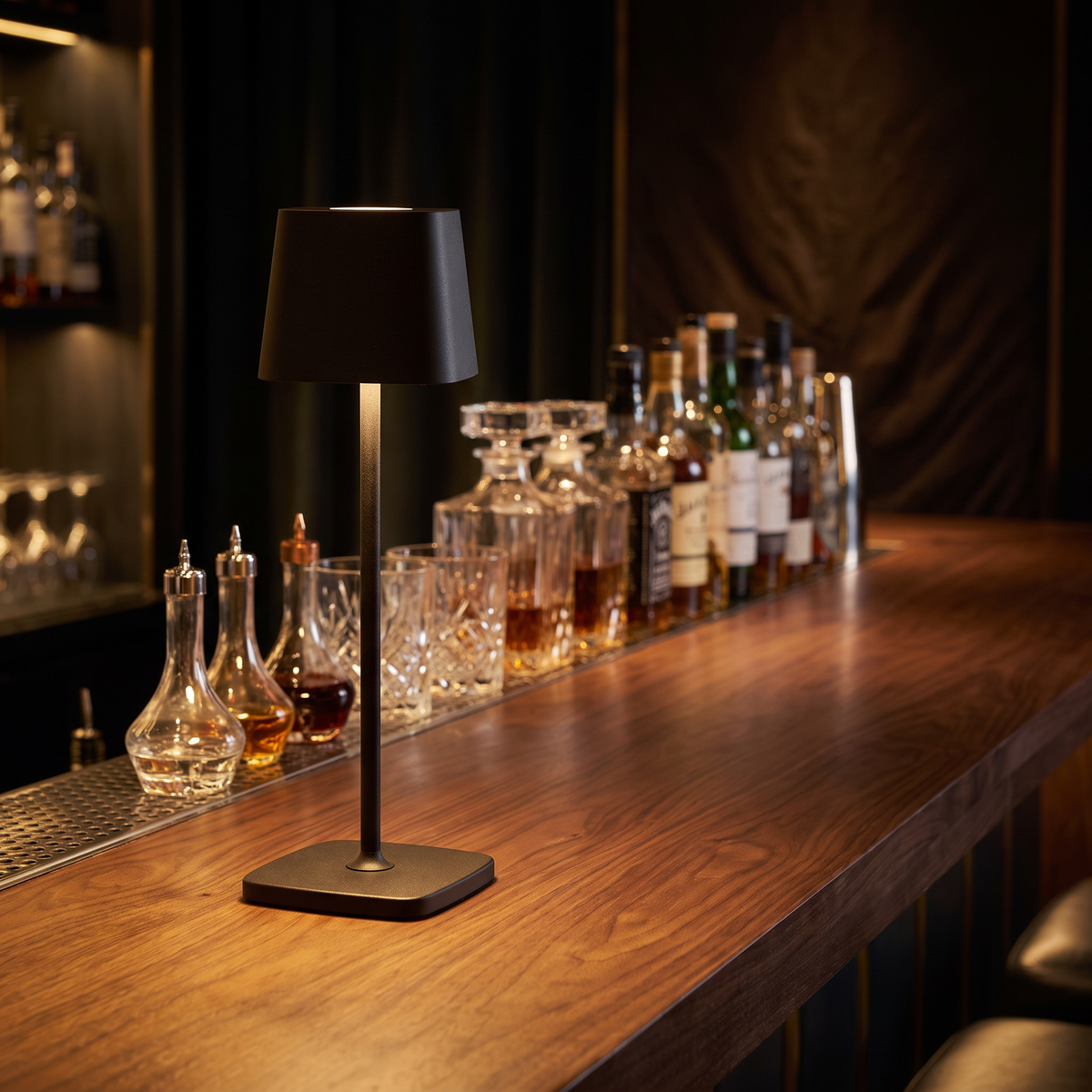 Cordless table lamp on a cocktail bar counter