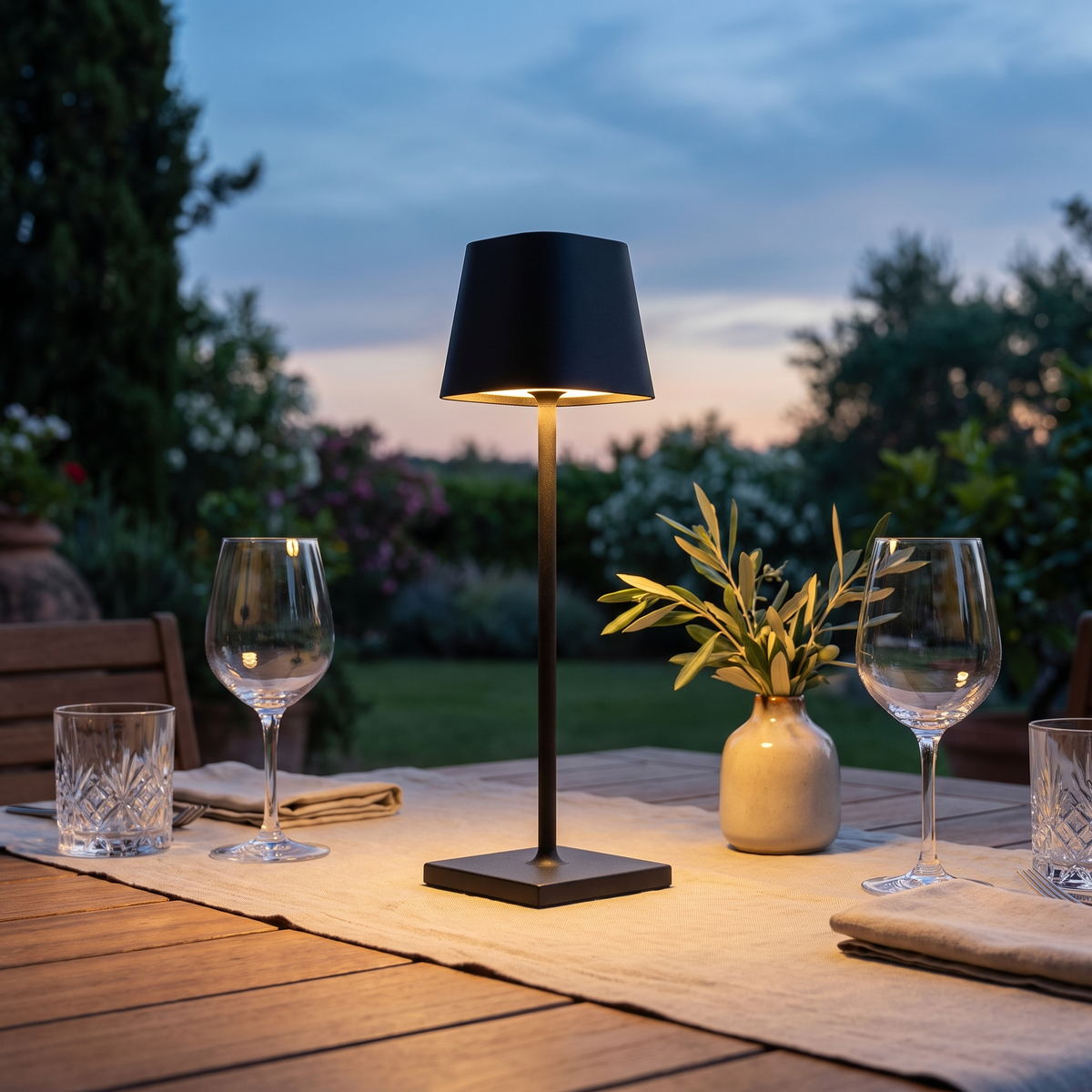Cordless table lamp on an outdoor terrace dining table at dusk