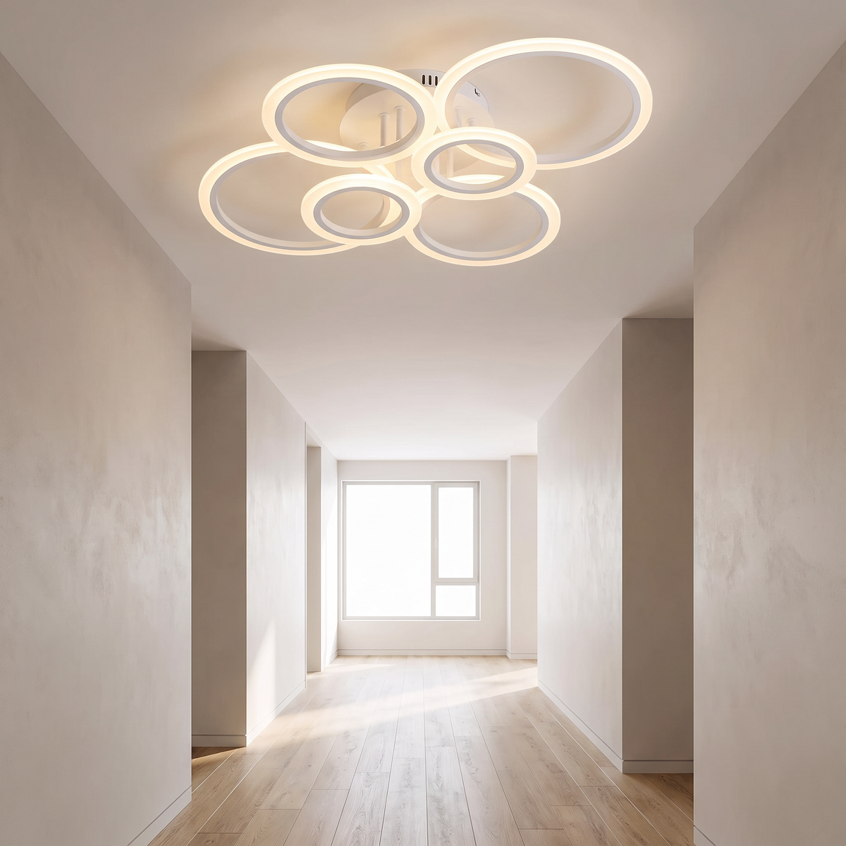 Six-ring LED ceiling light in a bright hallway
