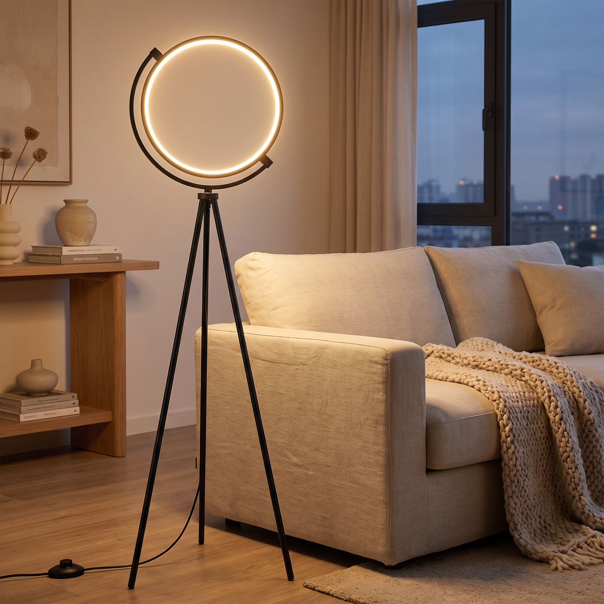 Ring tripod floor lamp beside a sofa in a modern living room