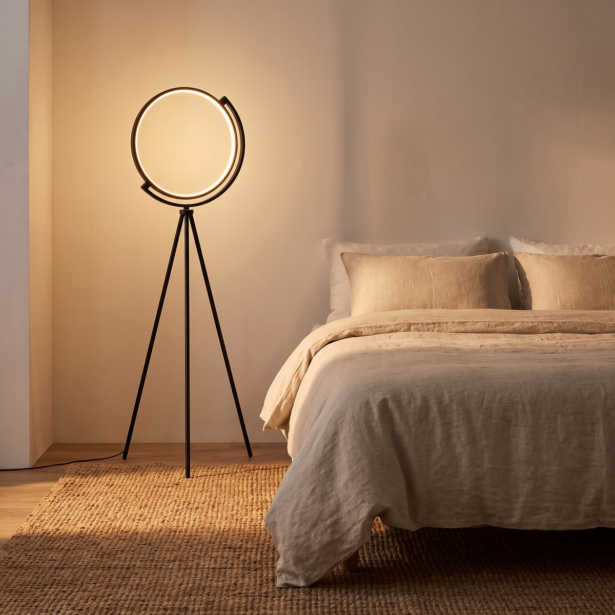 Ring tripod floor lamp beside a bed in a minimalist bedroom