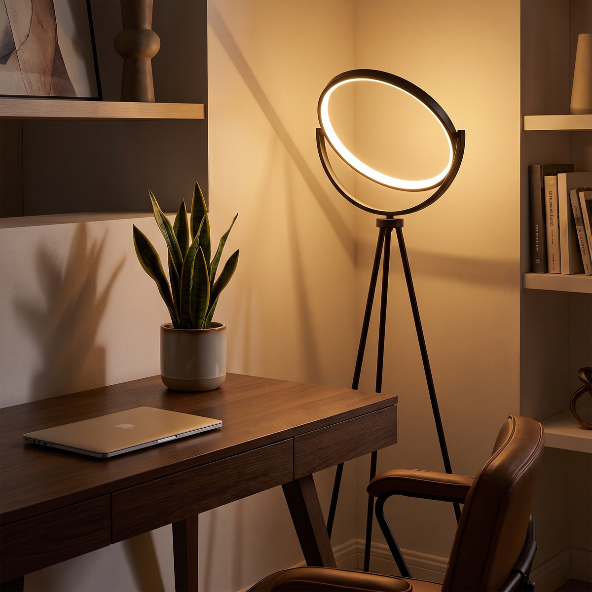 Ring tripod floor lamp in a home office corner