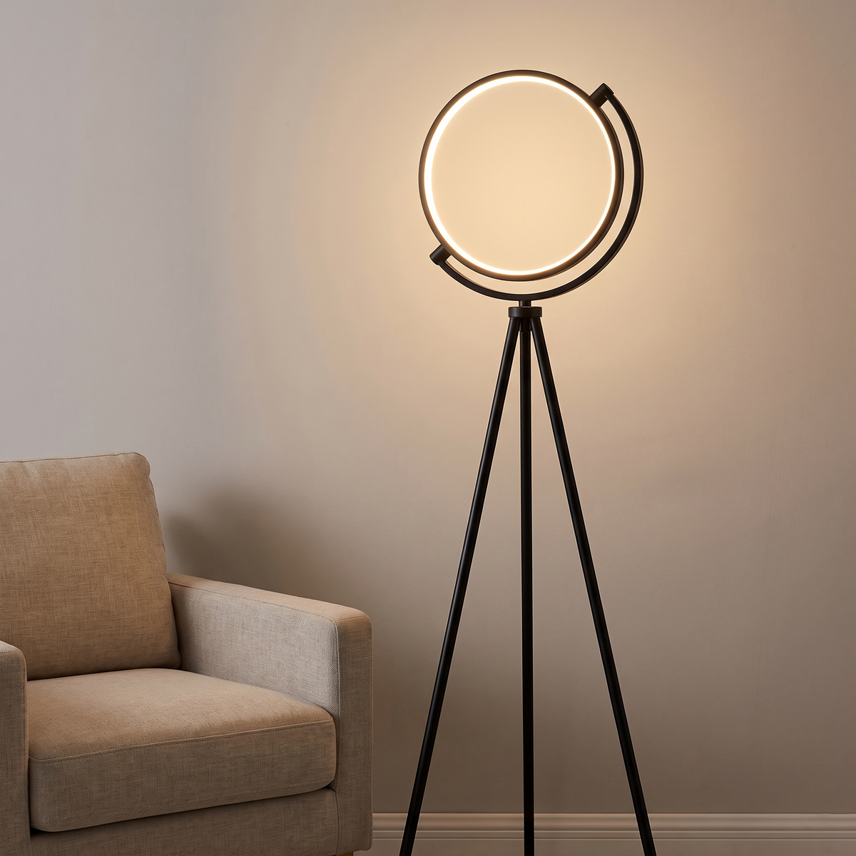 Black ring tripod floor lamp