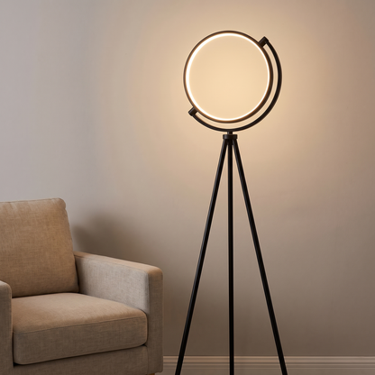 Black ring tripod floor lamp