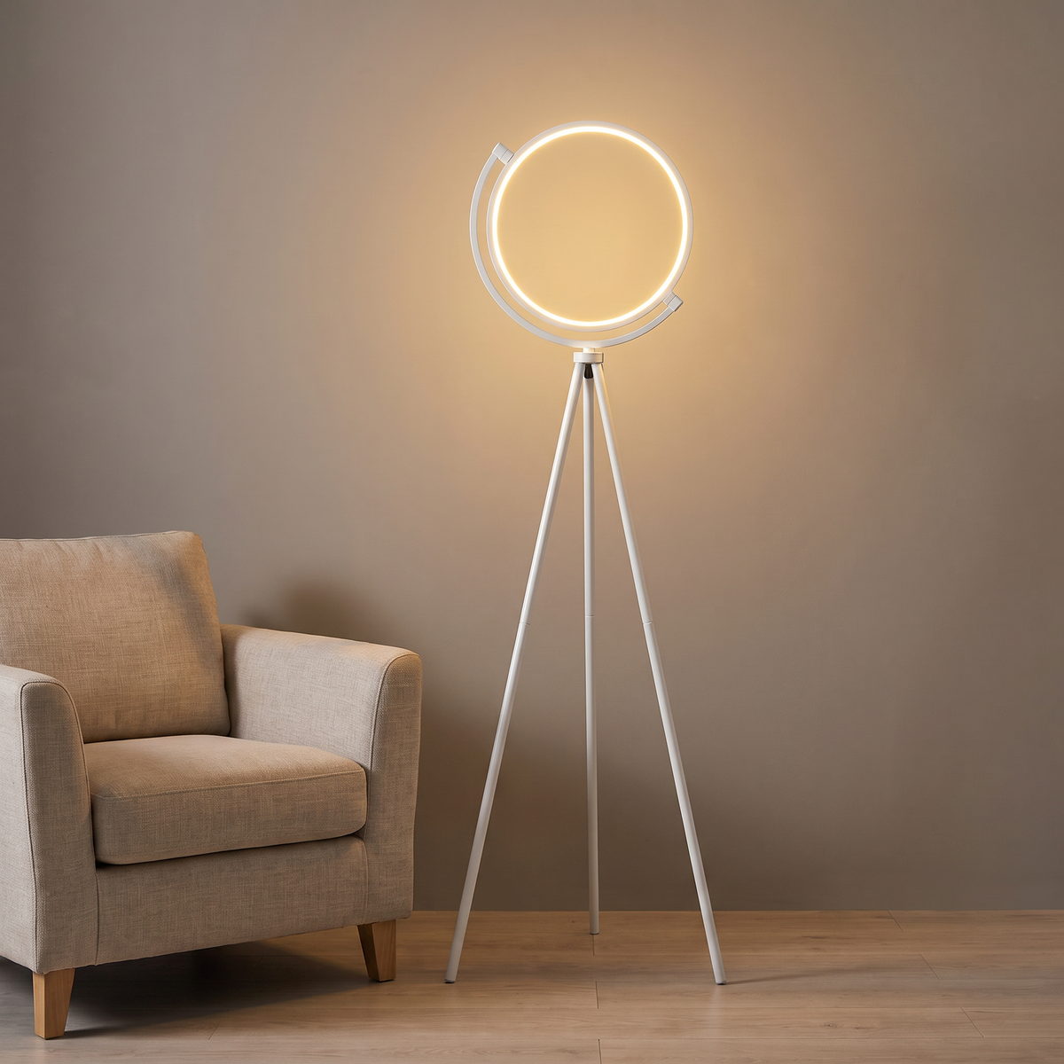 White ring tripod floor lamp