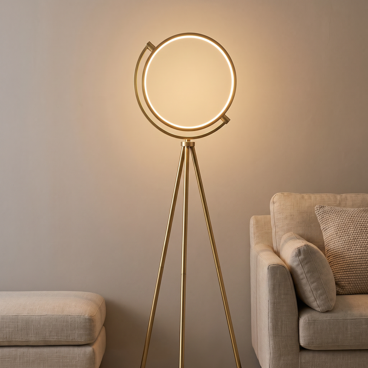 Gold ring tripod floor lamp
