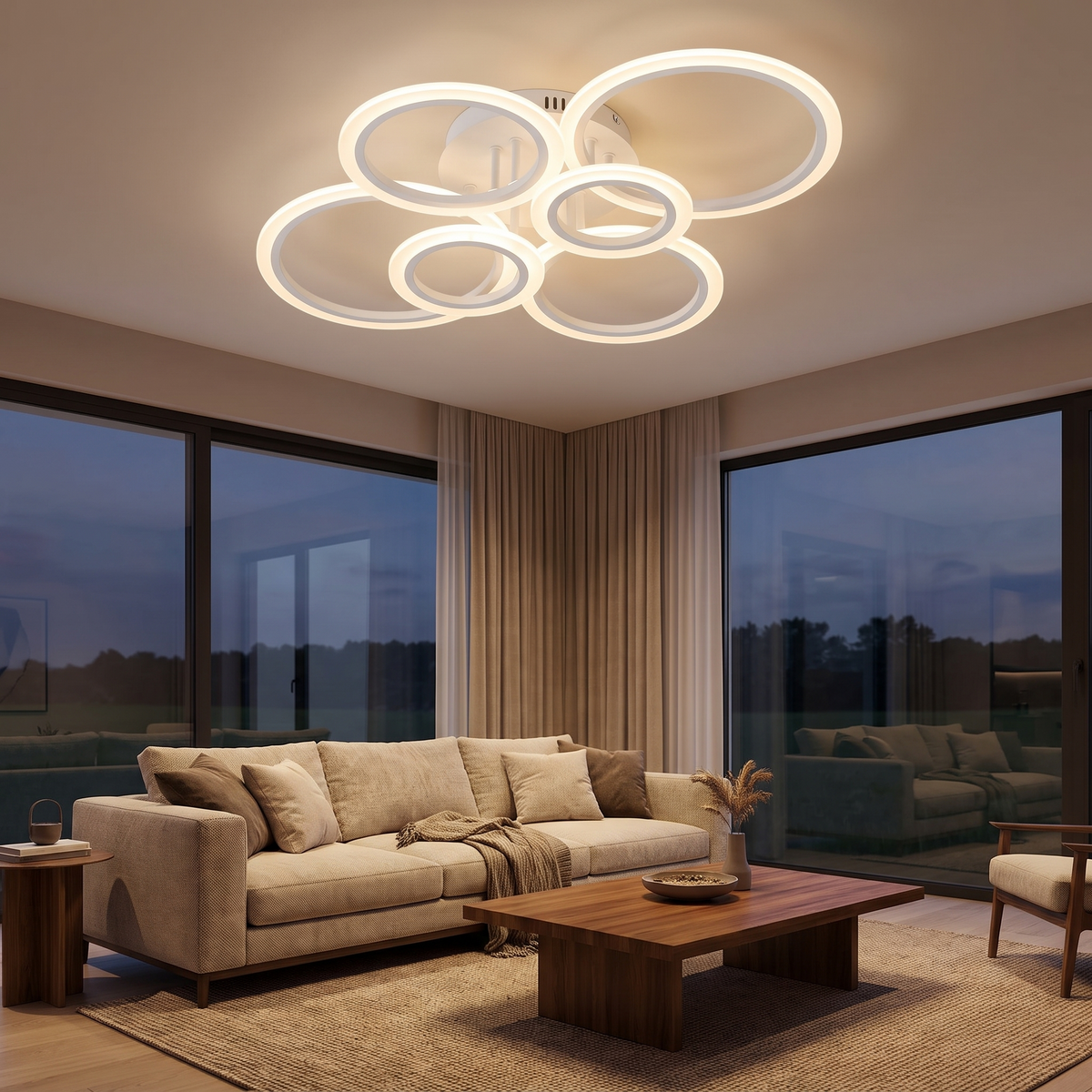 Six-ring LED ceiling light in a living room at dusk
