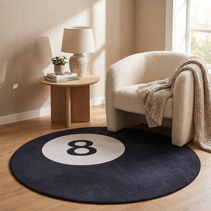 Round faux cashmere rug in a living room corner