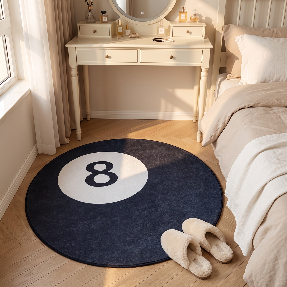 Round faux cashmere rug in front of a dressing table
