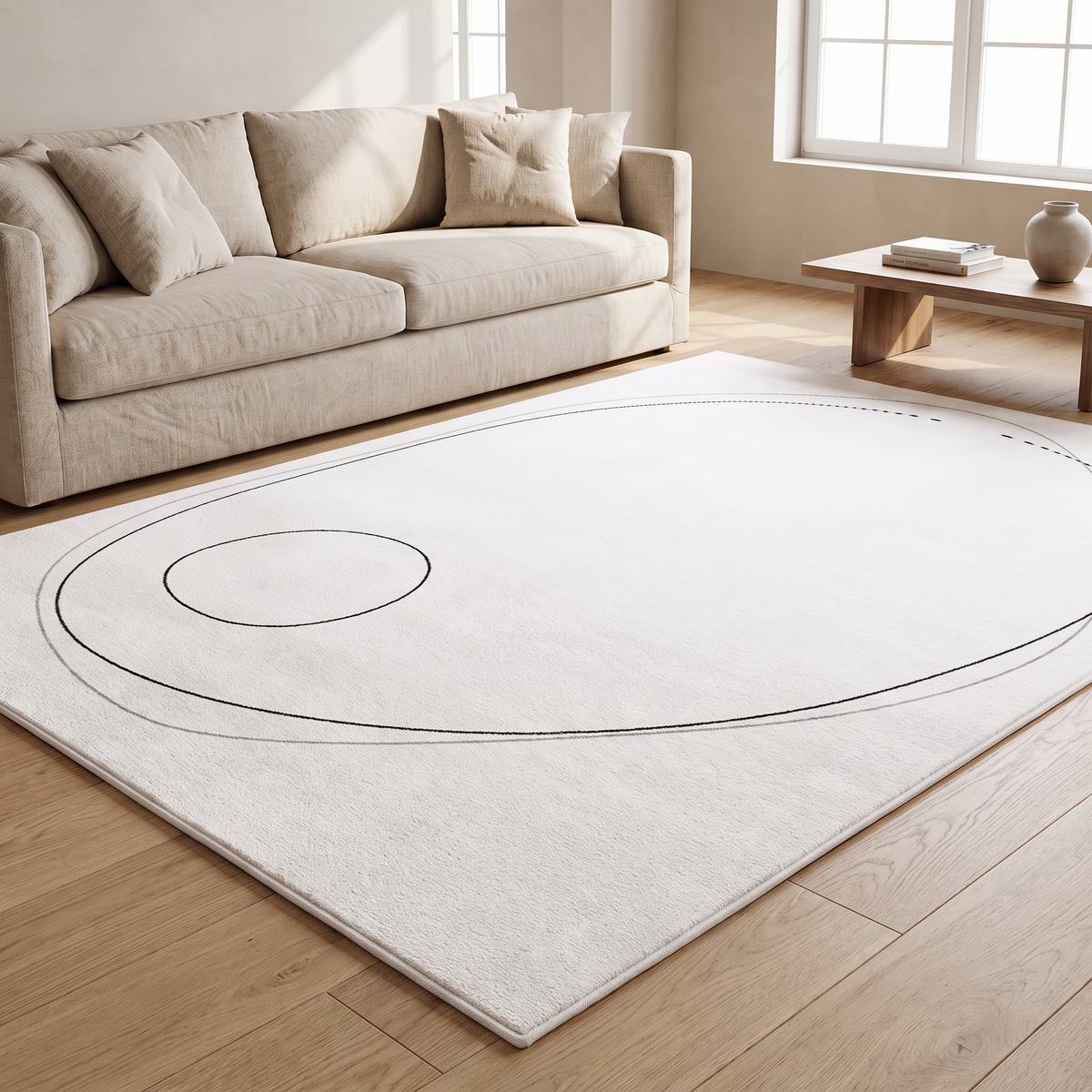 White abstract rug in a living room