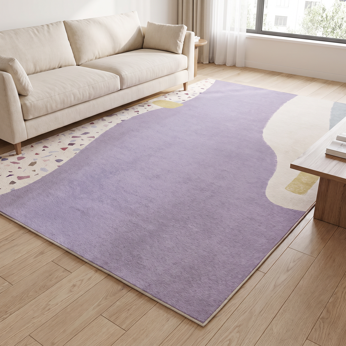 Purple terrazzo rug in a living room