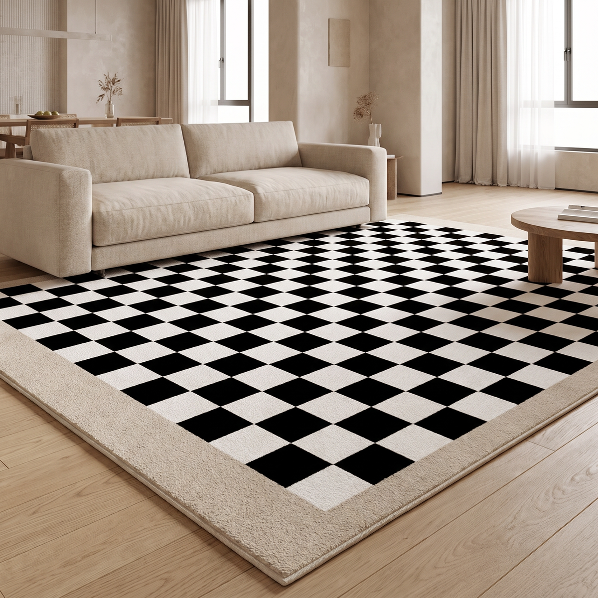Chessboard World rug in a living room
