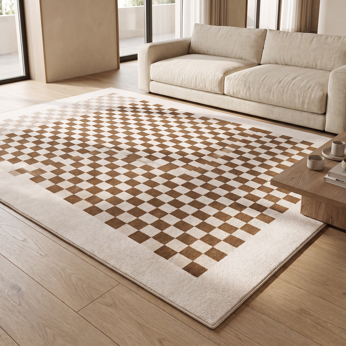 Checkerboard Maroon rug in a living room