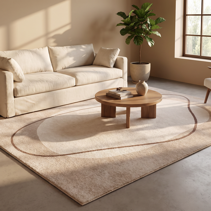 Printed area rug under a coffee table