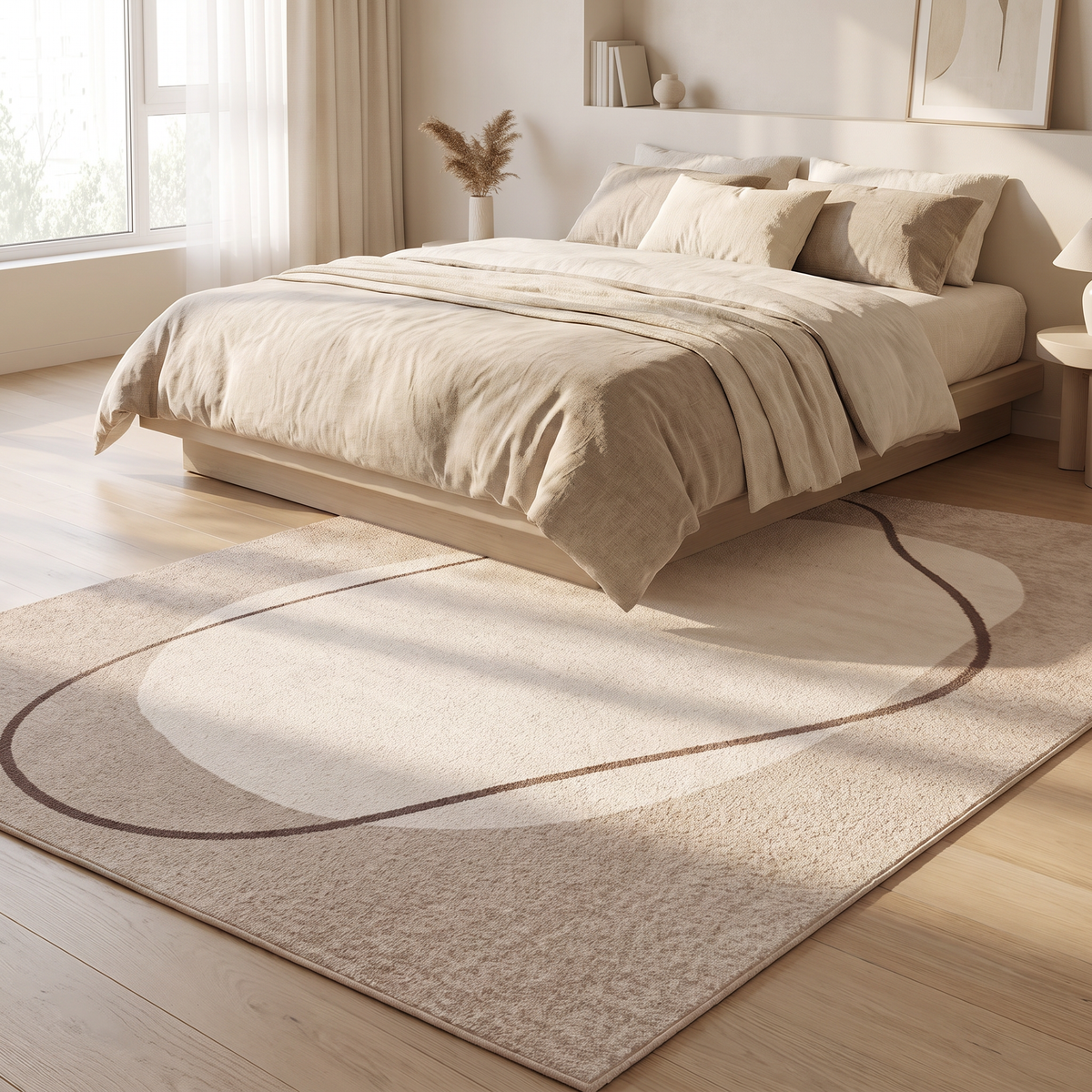 Printed area rug beside a bed