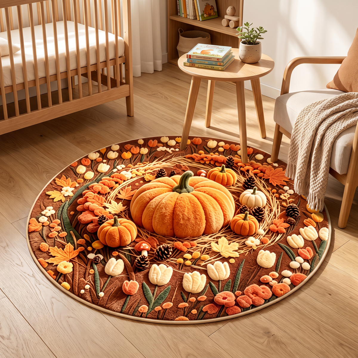 Round decorative rug in a study corner