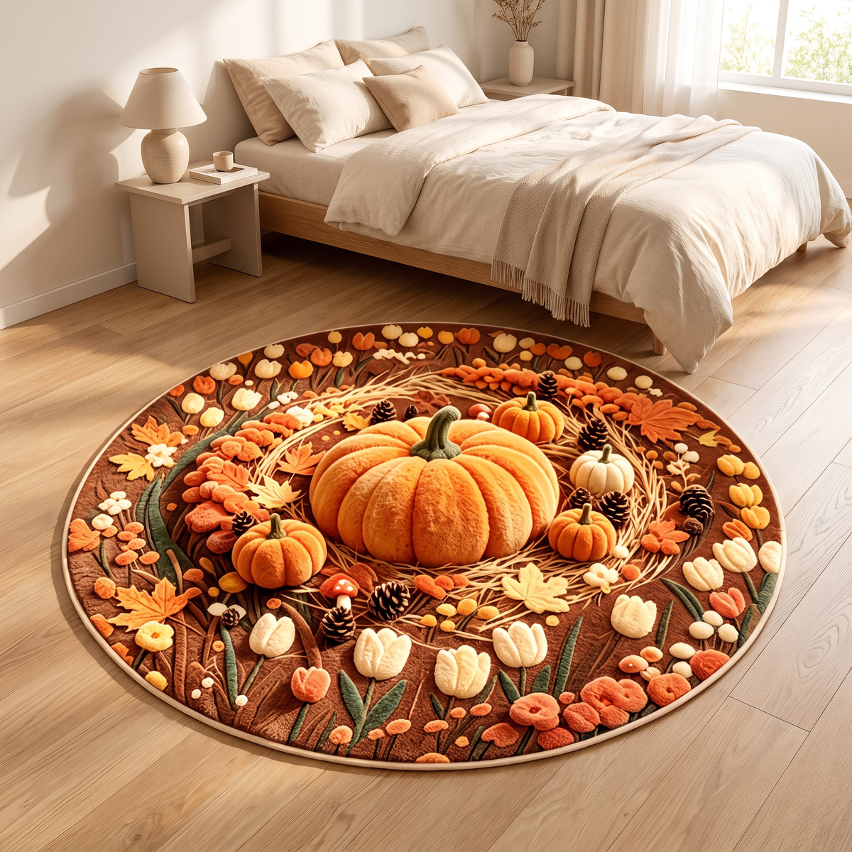 Round decorative rug beside a bed