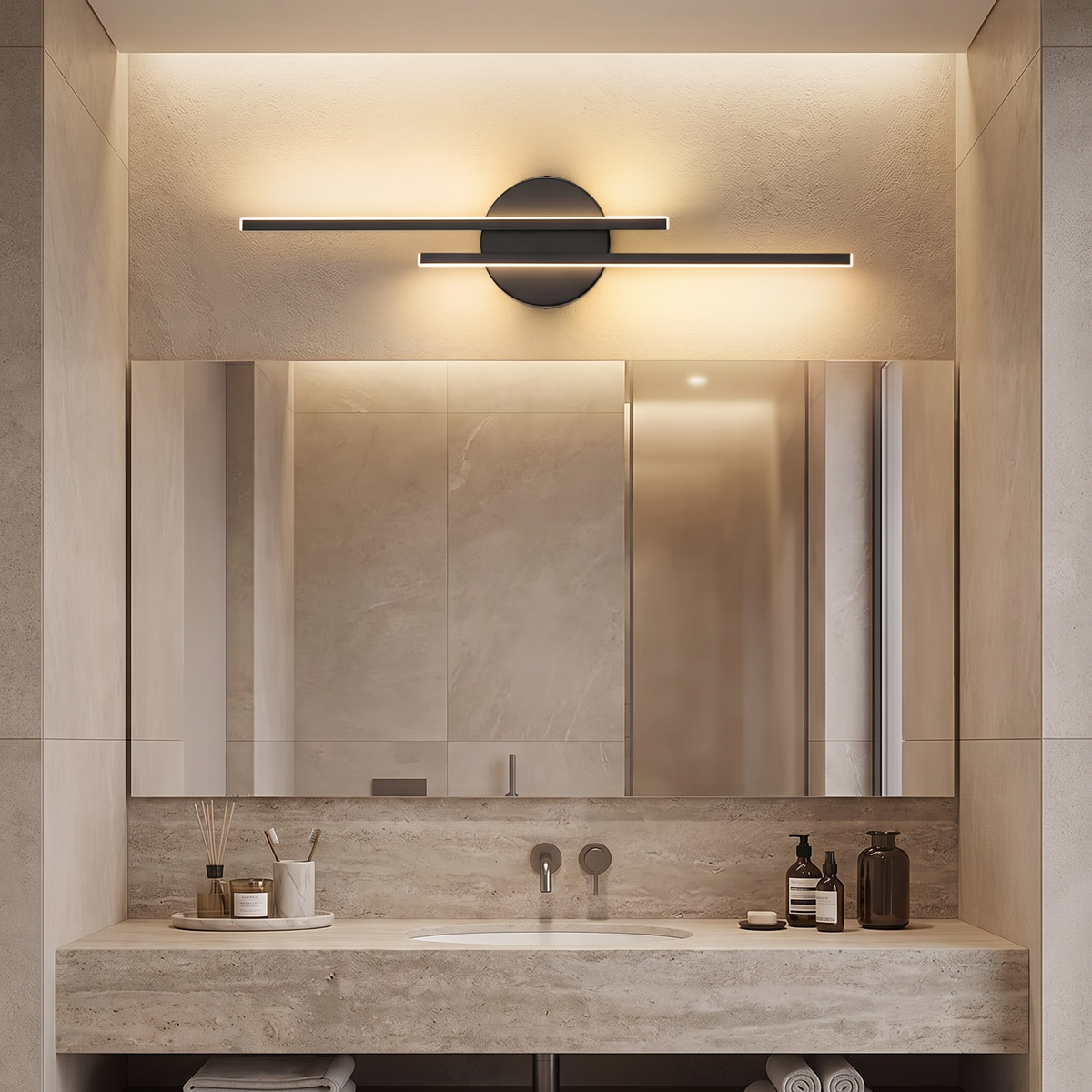 Dual line LED wall lamp above a bathroom vanity