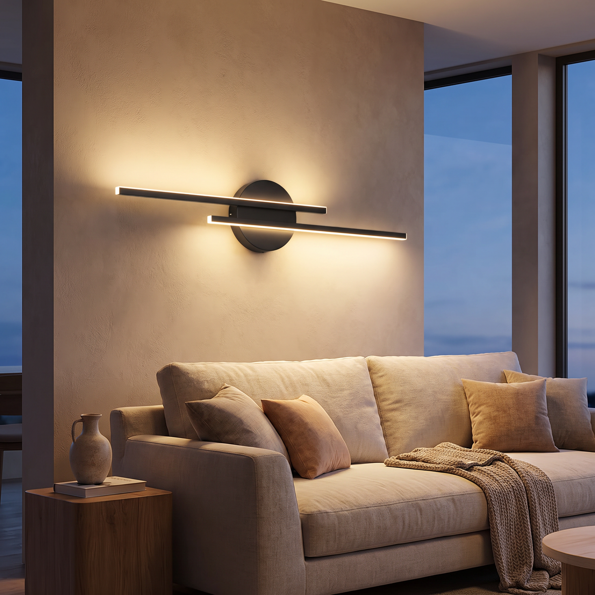 Dual line LED wall lamp on a living room feature wall