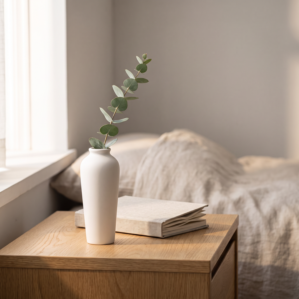Minimalist ceramic vase on a bedside table