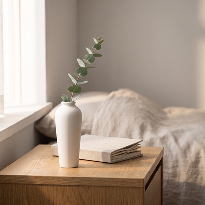 Minimalist ceramic vase on a bedside table