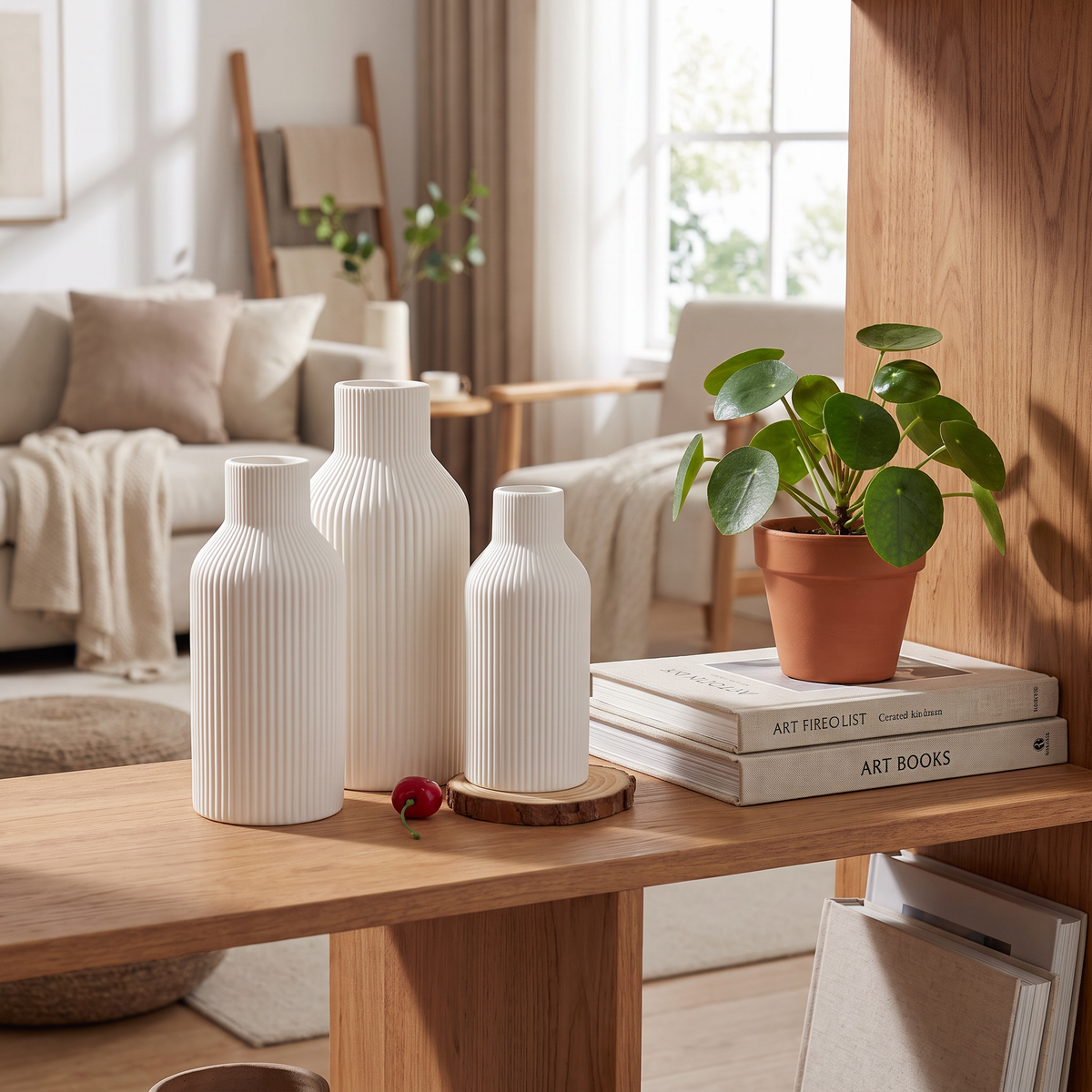 Retro ceramic vase set on open shelving