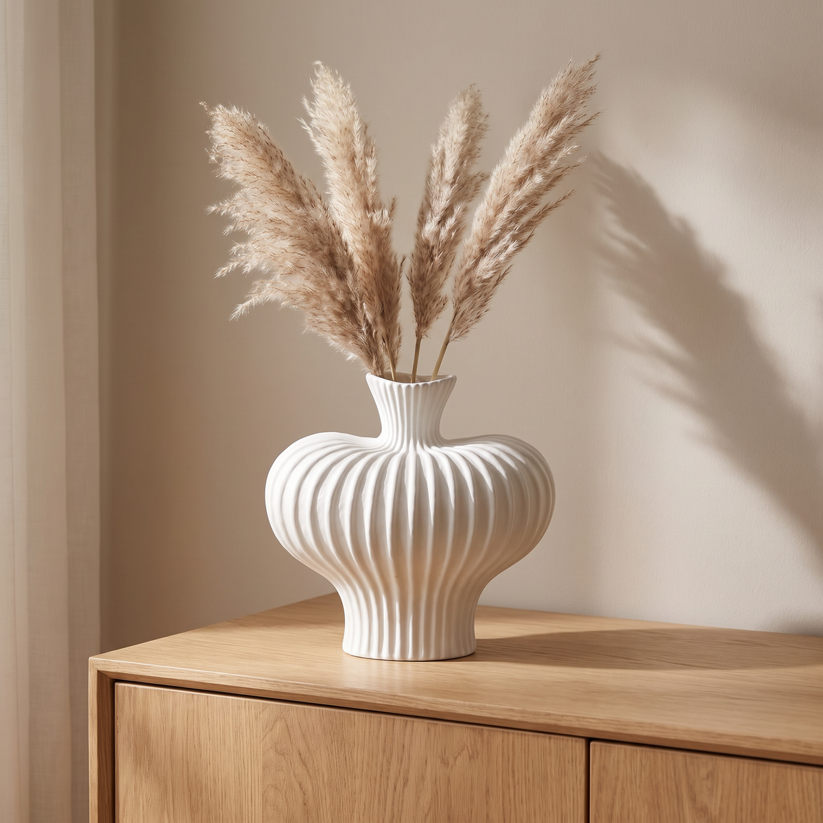 Ceramic-look art vase on a sideboard