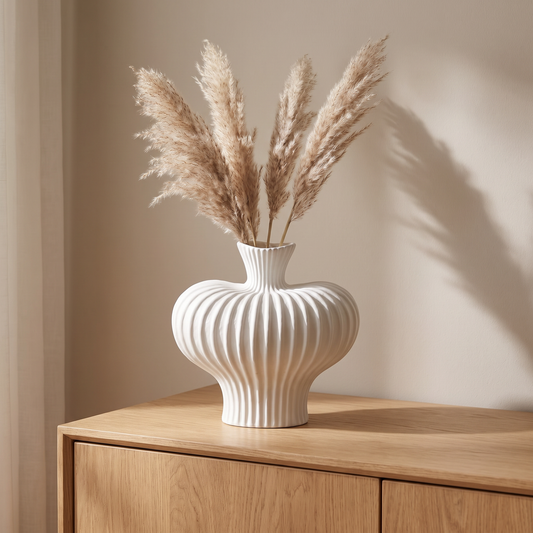 Ceramic-look art vase on a sideboard