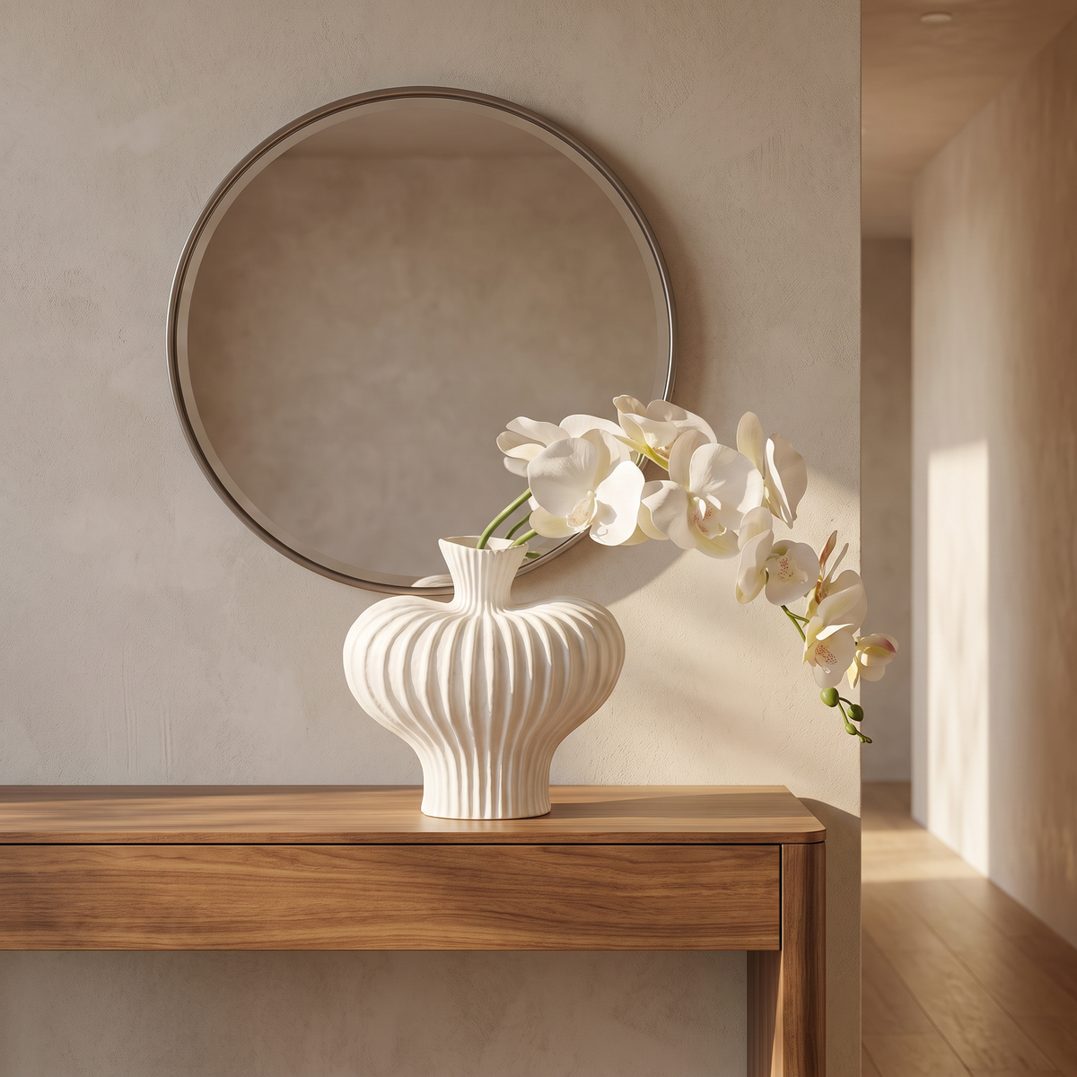 Ceramic-look art vase on a hallway console