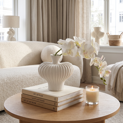 Ceramic-look art vase on a coffee table
