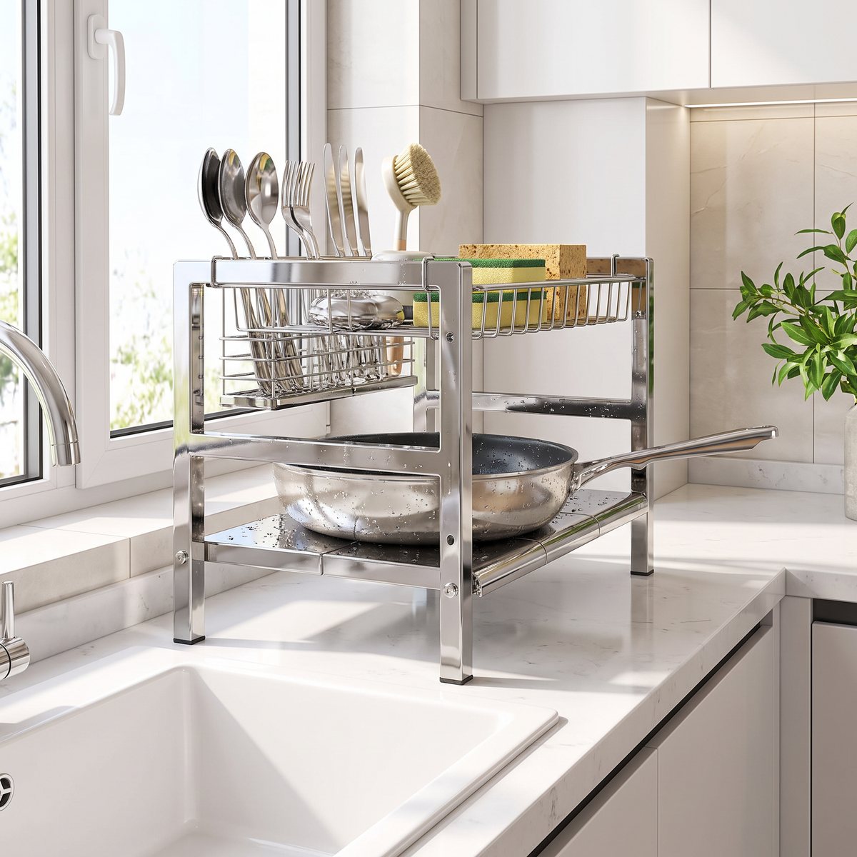 Adjustable kitchen rack beside a sink