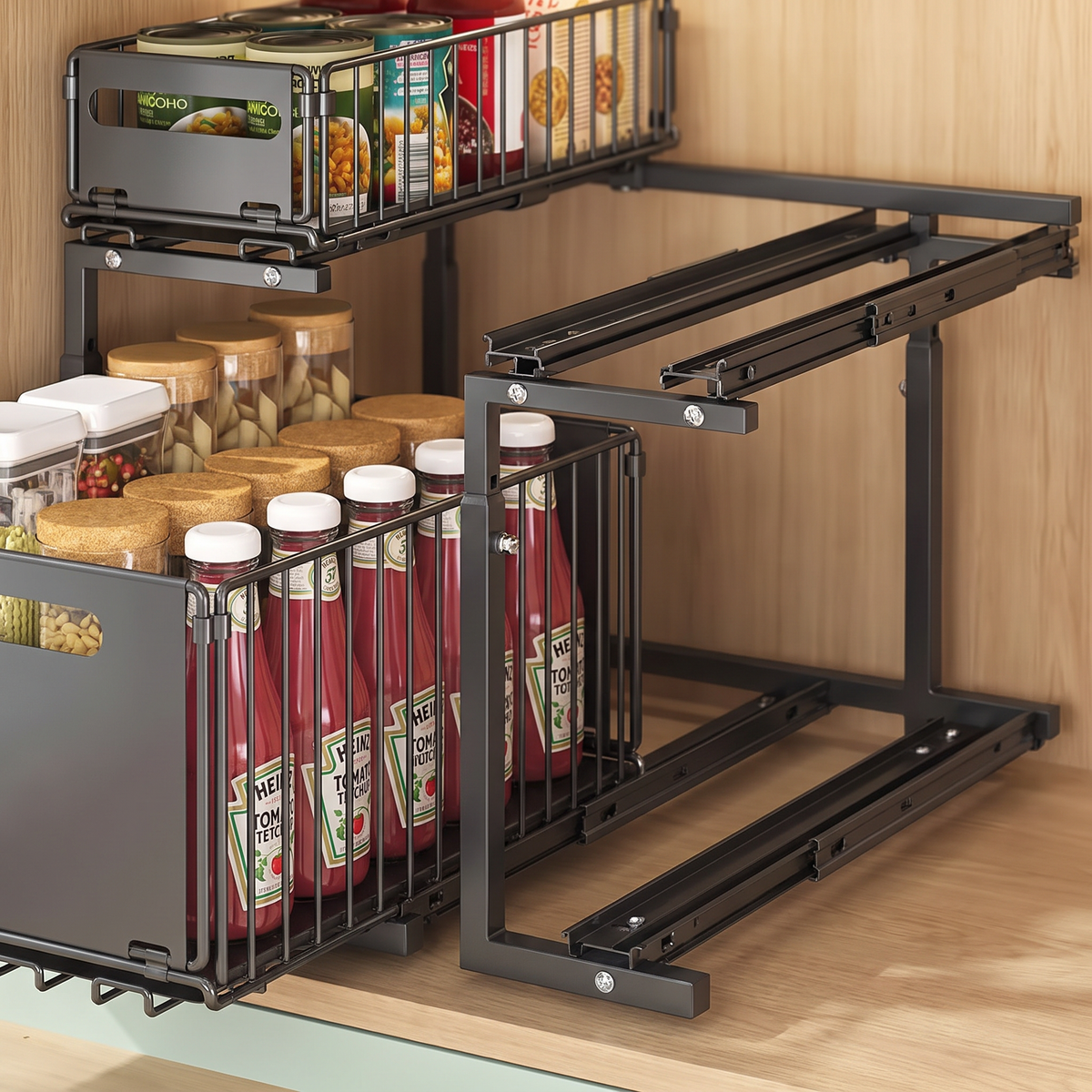 Pull-out rack rail and tier detail