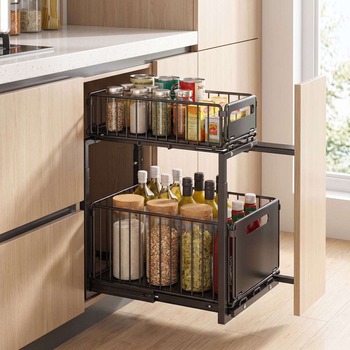 Double layer pull-out rack in a kitchen cabinet