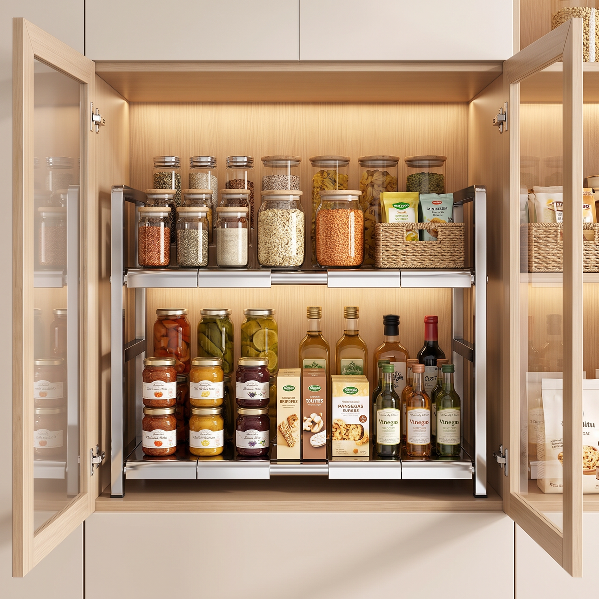 Adjustable kitchen rack in a pantry cupboard