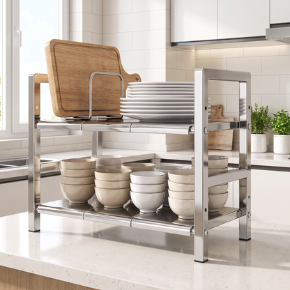 Adjustable stainless steel kitchen rack on a benchtop