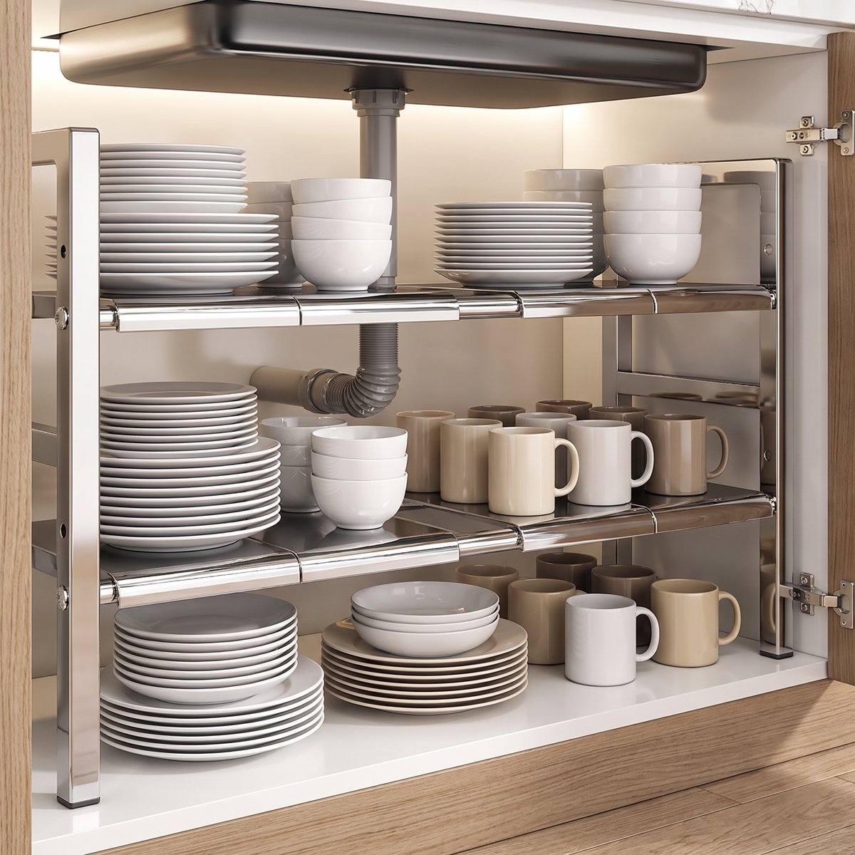 Adjustable kitchen rack organising plates in a cabinet