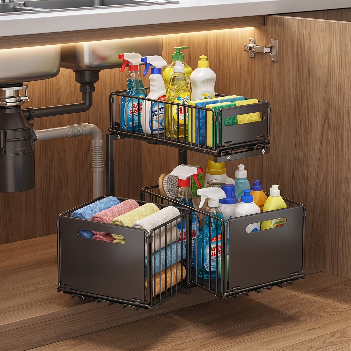 Pull-out rack under a kitchen sink