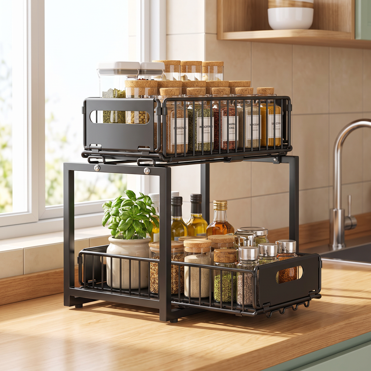 Pull-out rack on a kitchen benchtop with spice jars
