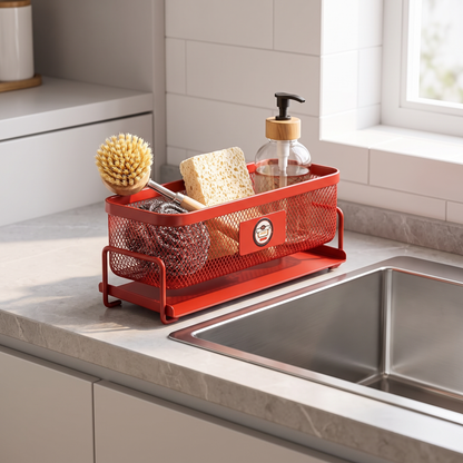 Iron mesh sink organiser beside a kitchen sink