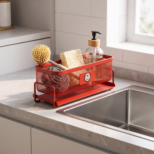 Iron mesh sink organiser beside a kitchen sink