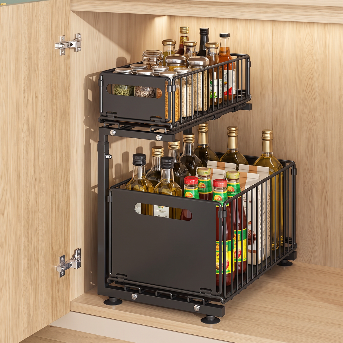 Black pull-out kitchen storage rack