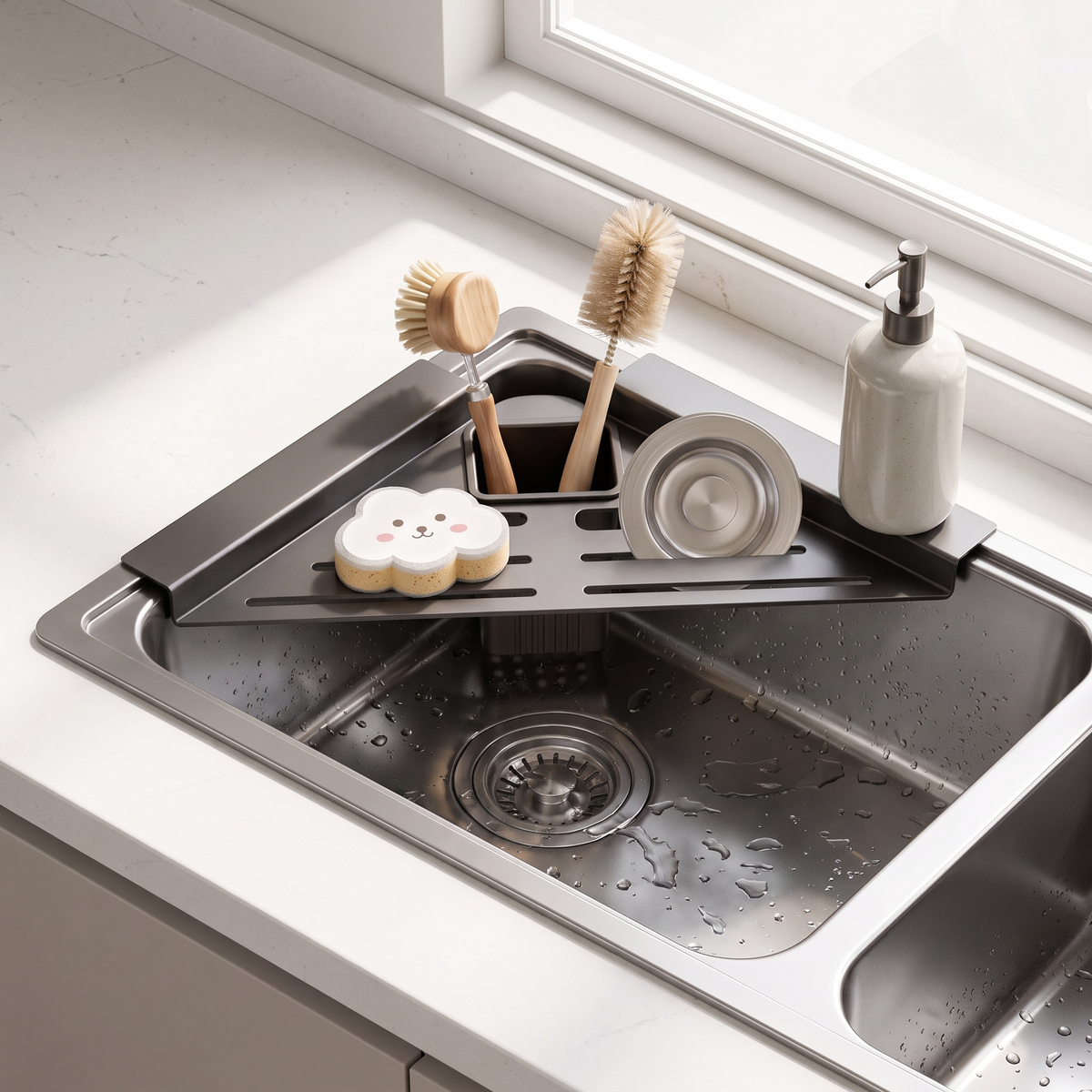 Corner sink caddy viewed from above