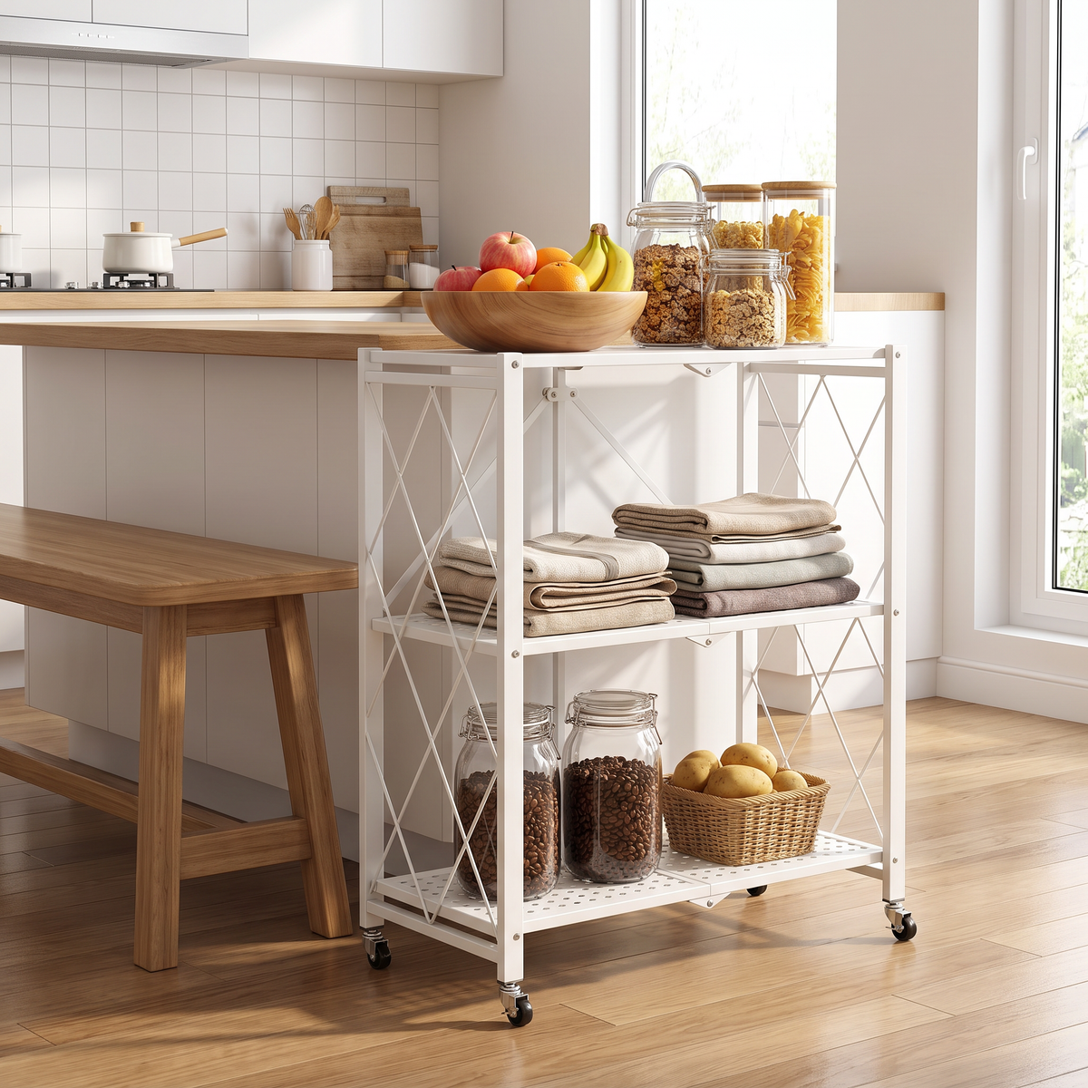 Foldable storage trolley beside a kitchen bench