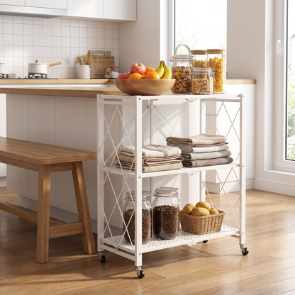Foldable storage trolley beside a kitchen bench