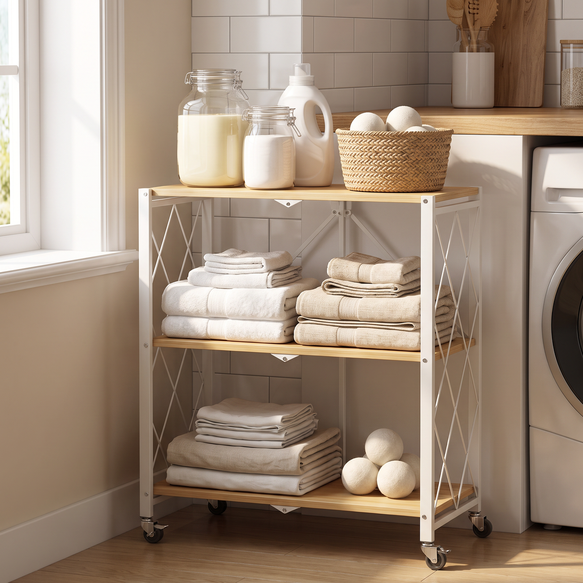 Rolling storage trolley in a laundry nook