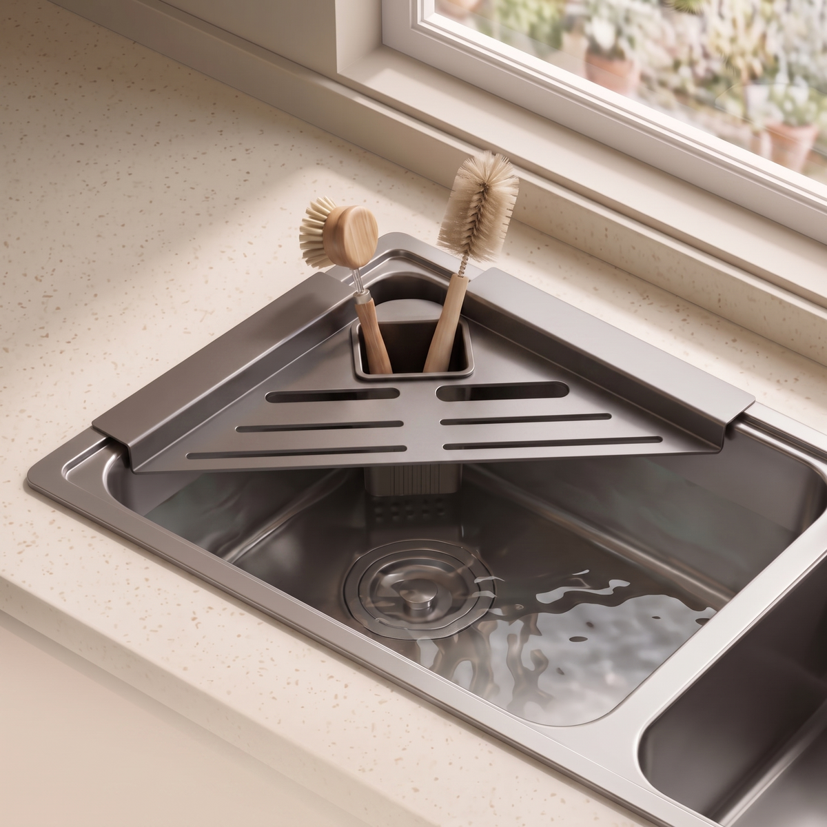 Corner sink drain rack fitted in a kitchen sink