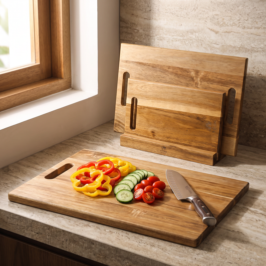 Acacia cutting board in use on a kitchen benchtop