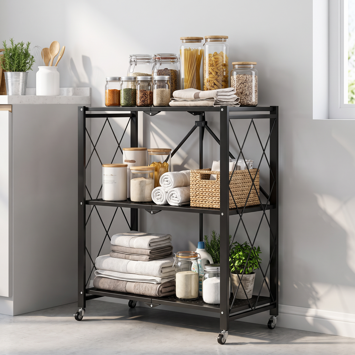 Black three-tier trolley with castors